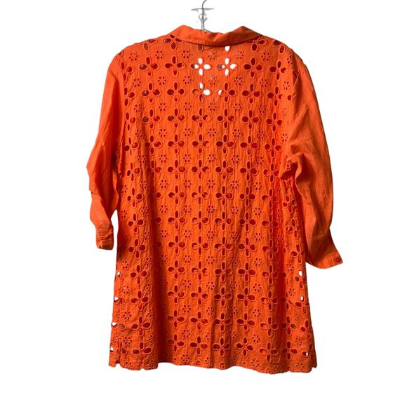 August‎ Silk Floral Laser Cut 3/4 Sleeve Button Front Top Orange Coral L (2816) - Picture 3 of 5